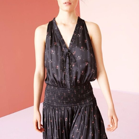 Ulla Johnson Black Ditzy Floral Midi Lucille Drop Waist Dress Sz 8 - Picture 1 of 11